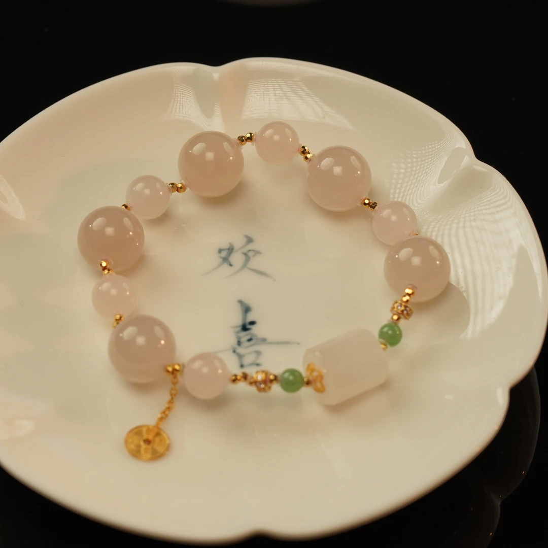 【之七珠宝】和田玉藕粉圆珠+18k金手串