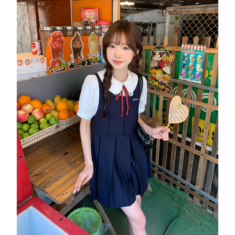 东京岁时记jk学院风夏季可爱甜美风绀色吊带裙原创衬衫连衣裙套装