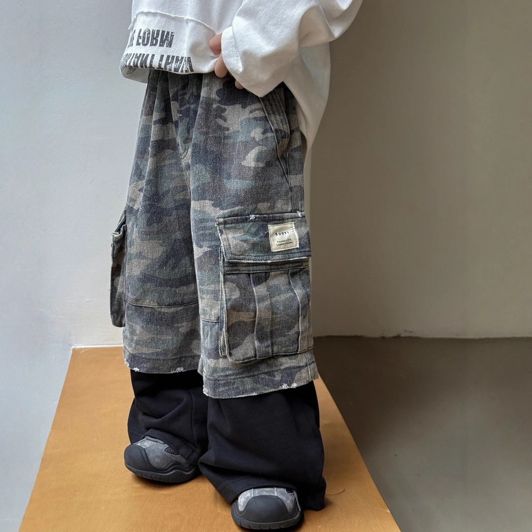 【工装裤】男孩男童秋季潮牌宽松百搭阔腿裤高街嘻哈酷迷彩美式拼接