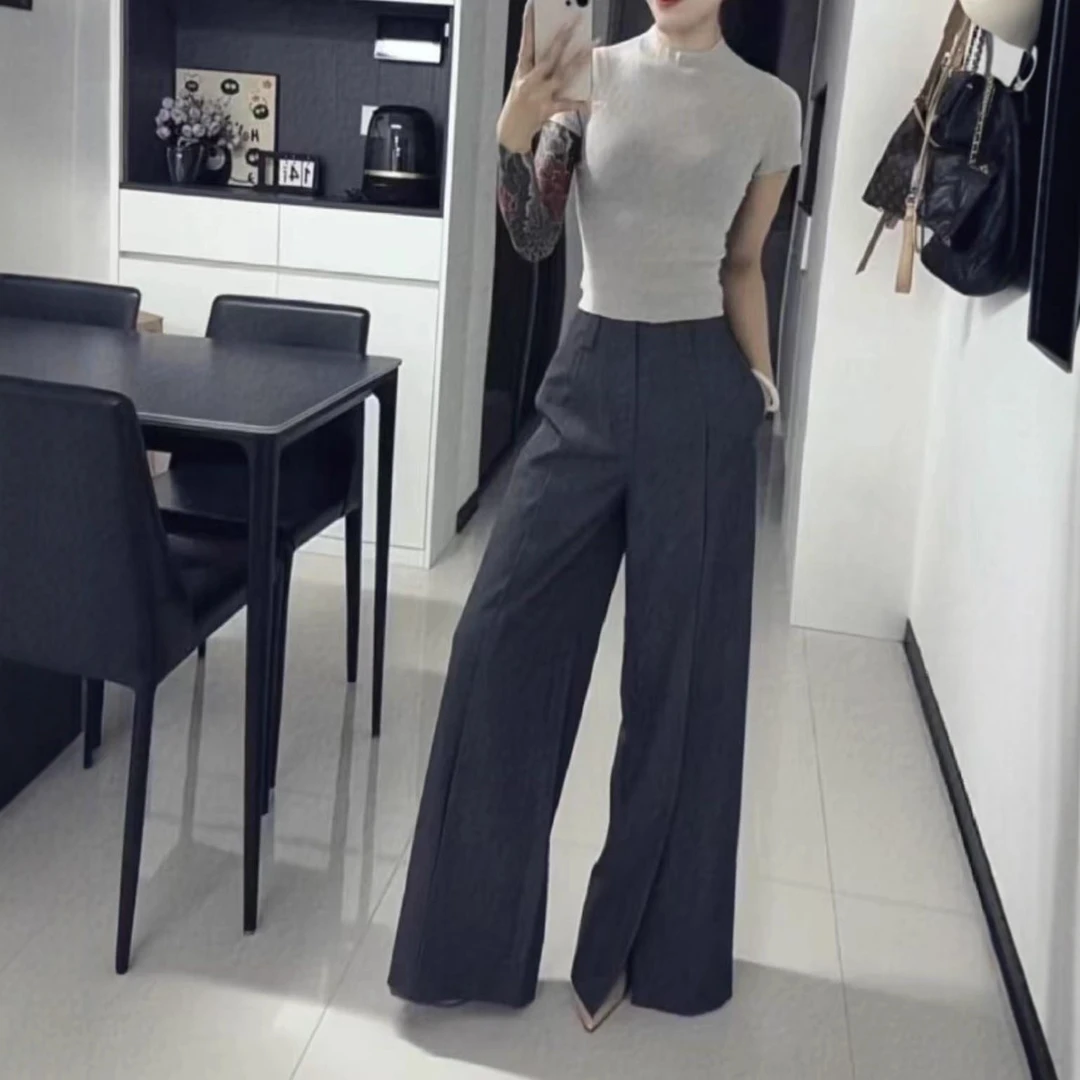 1新款简约修身纯色上衣高腰垂感阔腿裤显瘦