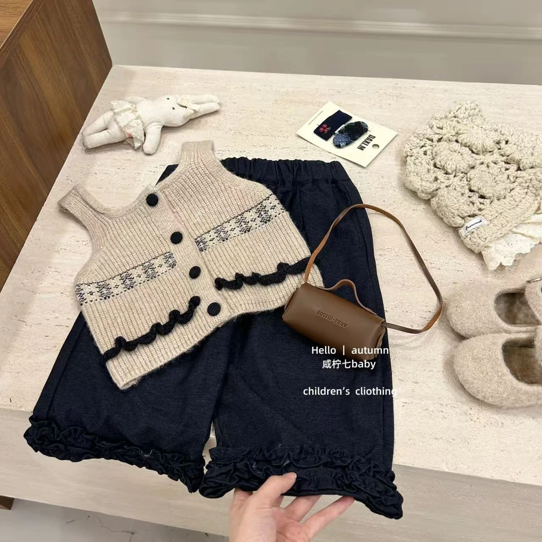 现【咸柠七】韩系女童秋季套装森系花朵针织马甲阔腿裤