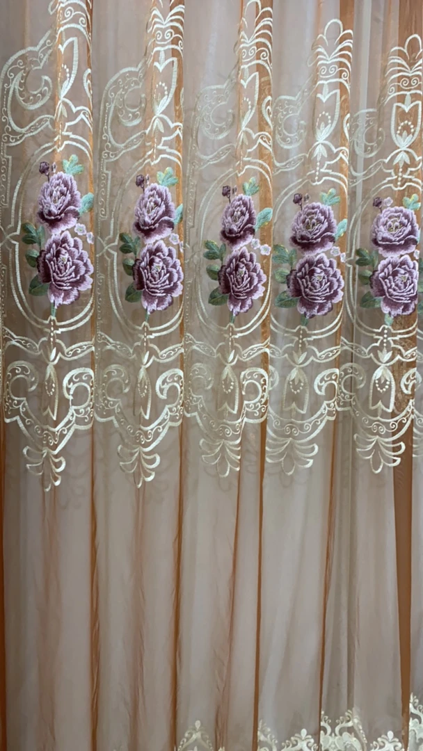 咖色纱帘 牡丹花刺绣纱帘5.6米
