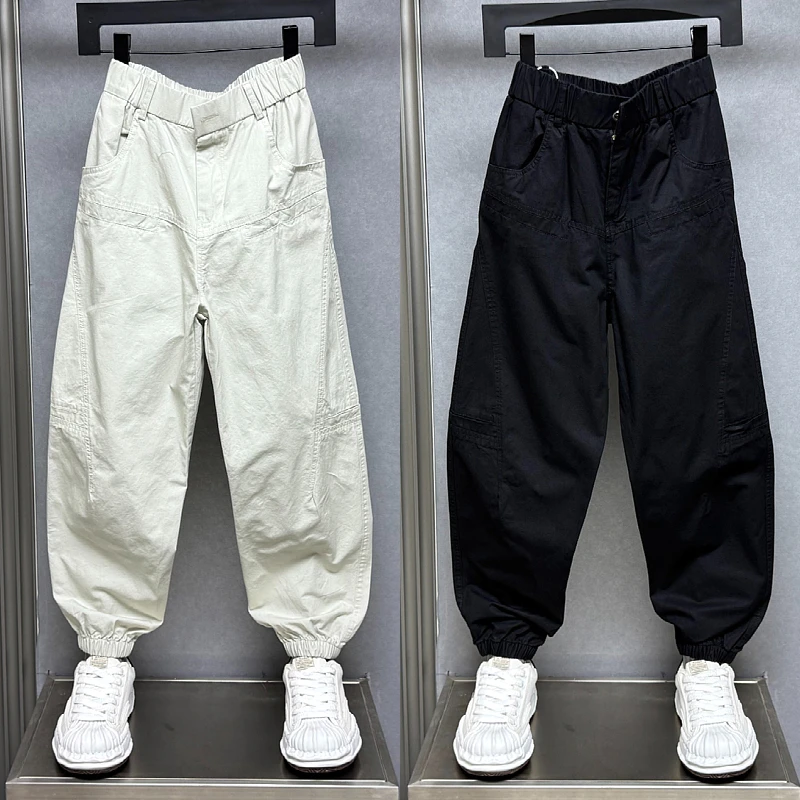 痞帅夏季束脚拼接工装休闲裤男2025新款纯色运动裤青年宽松九分裤