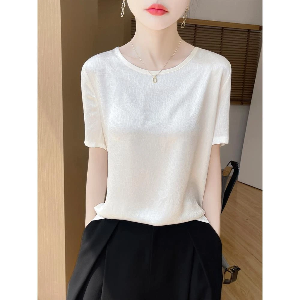 丝滑缎面短袖T恤女夏季薄款宽松显瘦百搭通勤半袖体恤上衣薄款