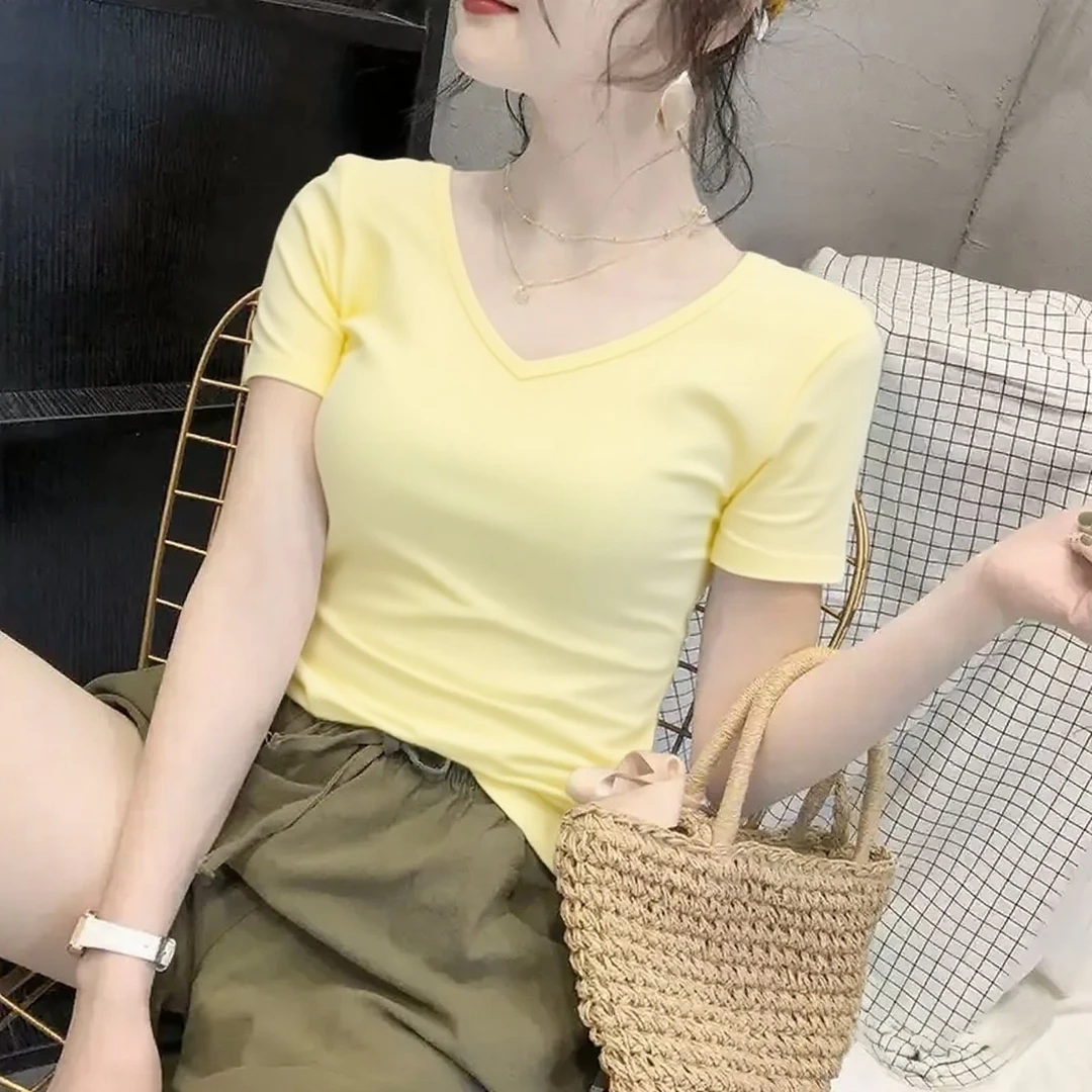 V领白色T恤显瘦短袖时髦立体紧身纯色修身时尚洋气打底衫夏季百搭