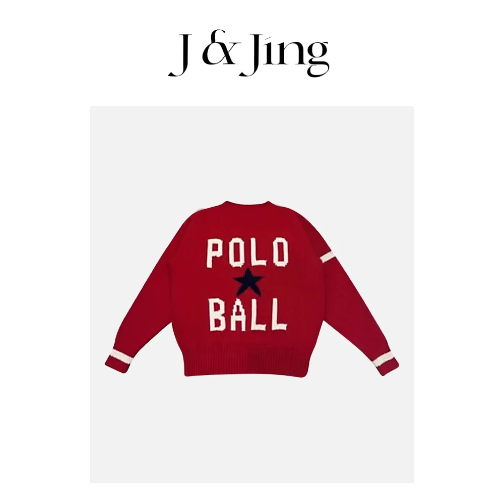 J&Jing-「五角星」-男女同款宽松百搭红色字母提花毛衣XJ101