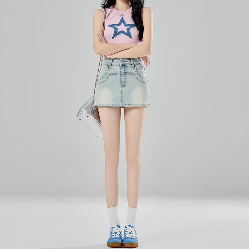 浅色高腰牛仔短裙裤女夏款小个子美式辣妹设计感a字包臀半身裙子