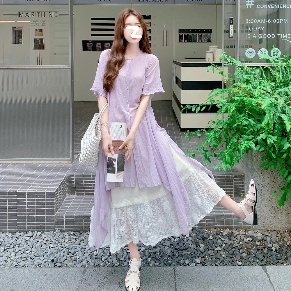 温柔风紫色不规则轻薄衬衫连衣裙女夏2025独特漂亮绝美长裙两件套