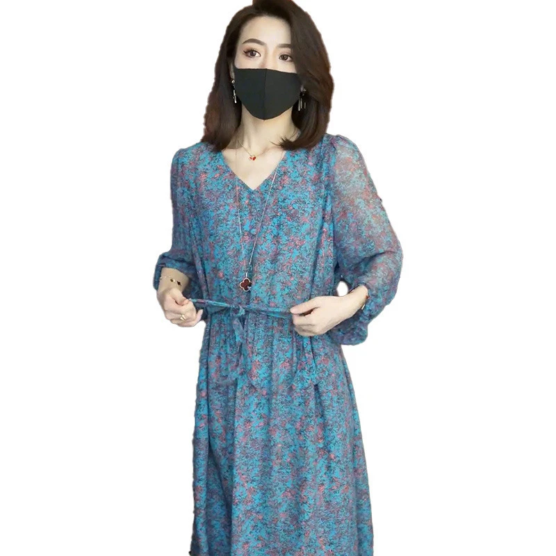夏季新款V领长袖轻薄感气质轻奢裙子4381
