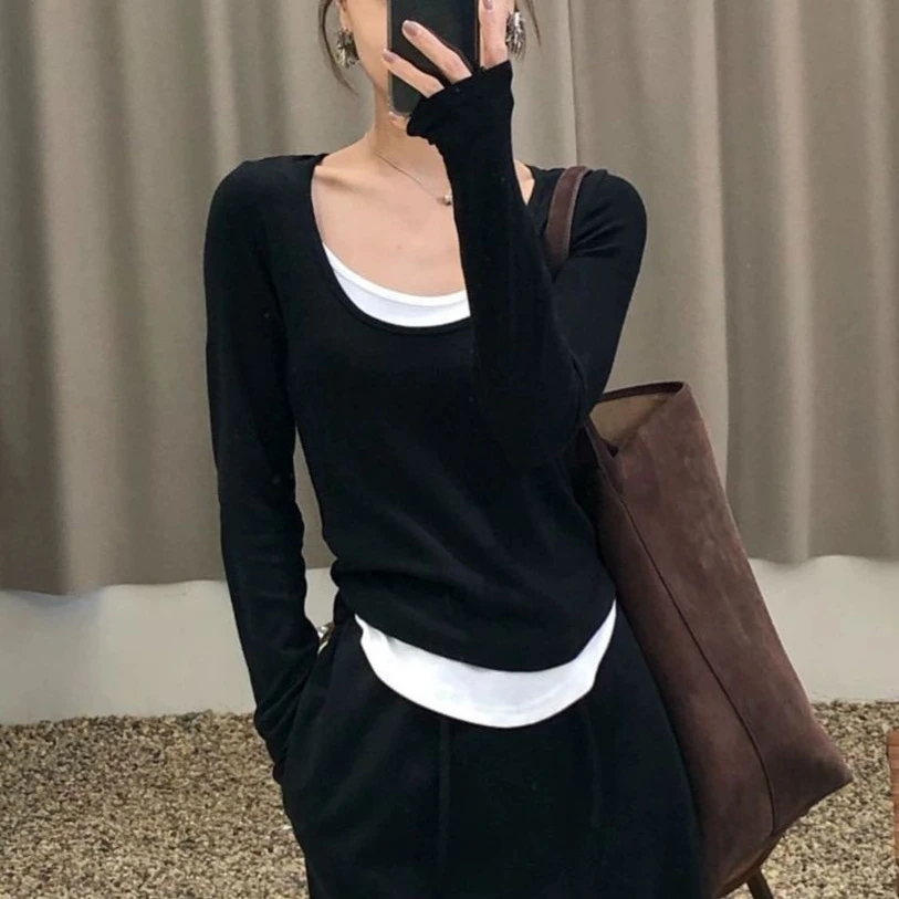 严选撞色假两件长袖T恤女秋冬2025新款百搭上衣薄修身显瘦打底衫