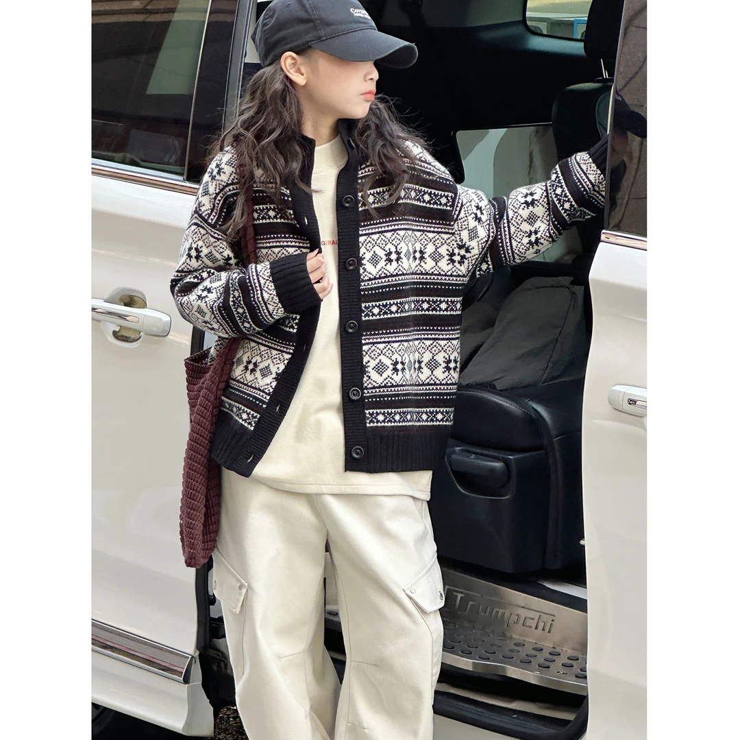 K30399孙小美费尔岛提花针织开衫女童毛衣秋冬装2025新款儿童外套