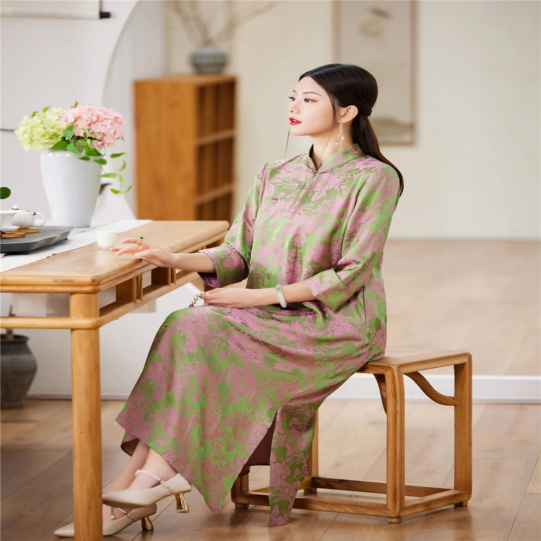 宽松遮肉显瘦人丝提花旗袍连衣裙2025年夏季新款中式改良长款裙子