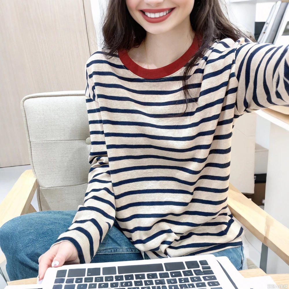 撞色圆领条纹T恤女秋季雪花棉慵懒松弛外穿宽松百搭显瘦长袖上衣