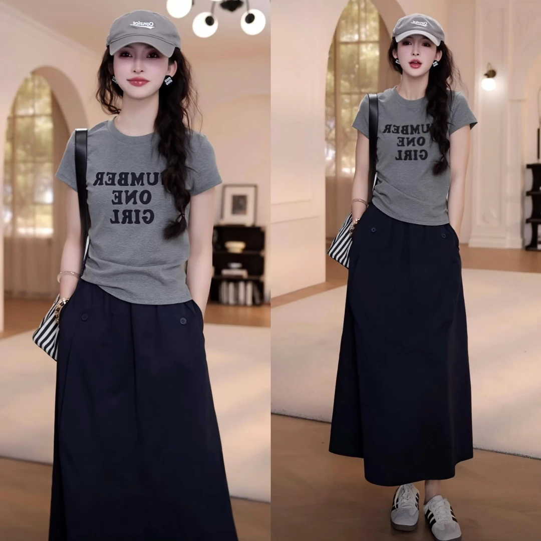 2025夏季字母印花短袖T恤显瘦百搭+半身裙休闲套装洋气女