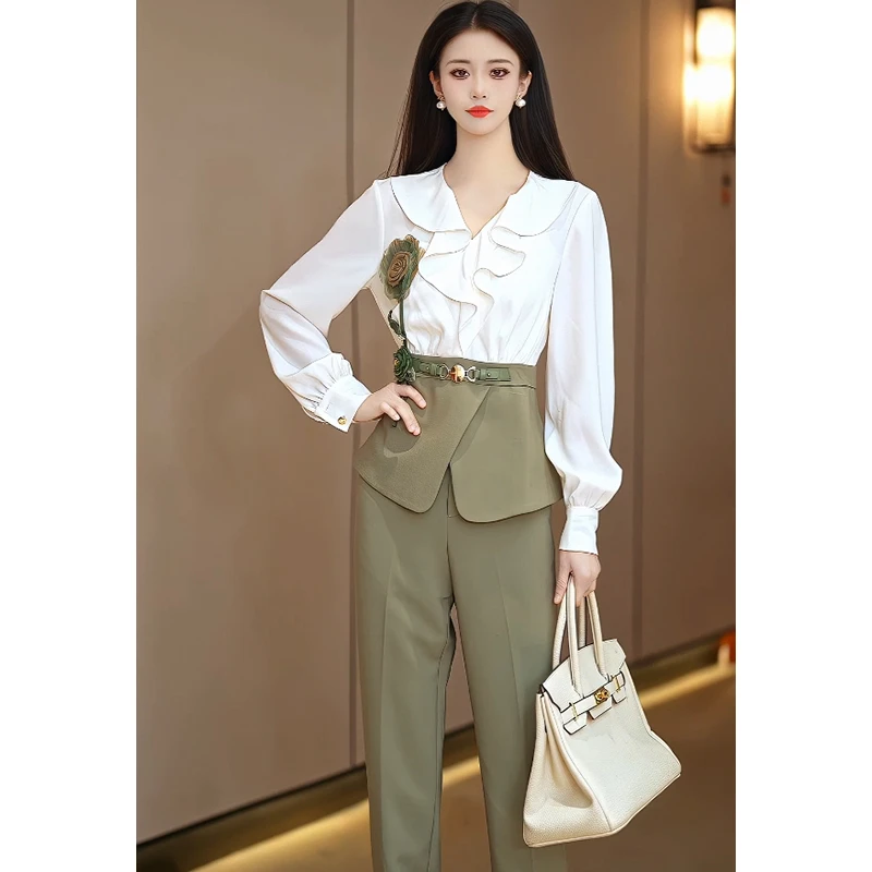 芙娜妮设计感拼色重工提花春季上衣女宽松直筒长裤两件套F2410370