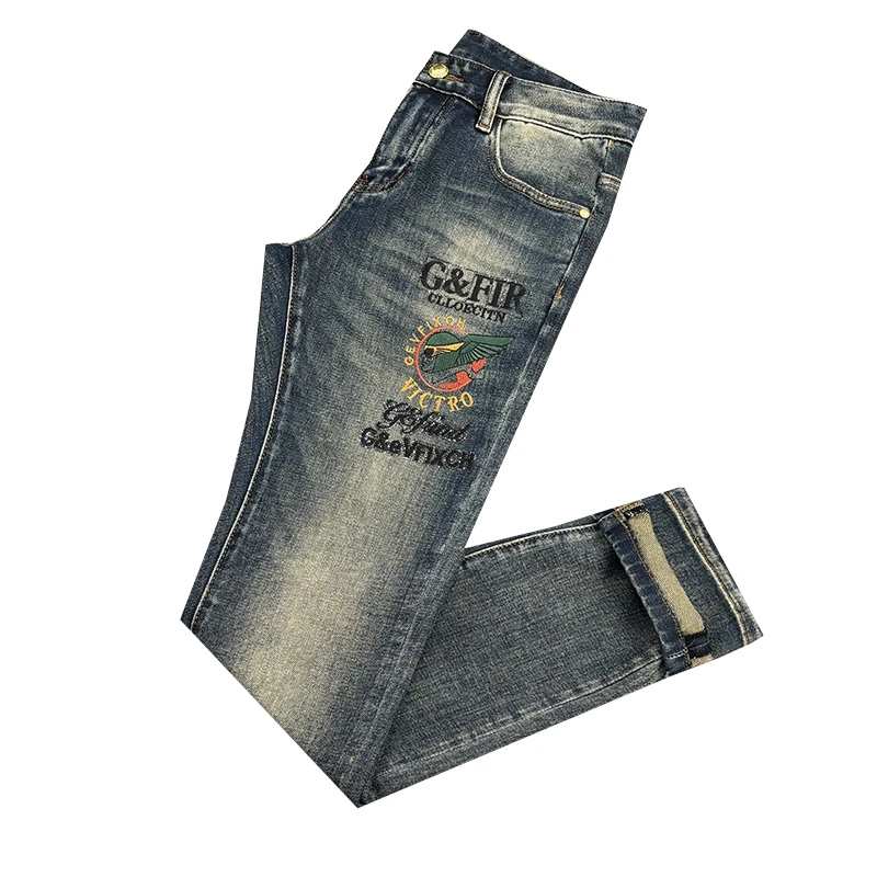 约文库费刺绣牛仔裤男士复古潮牌秋冬厚款弹力休闲修身小脚长裤子