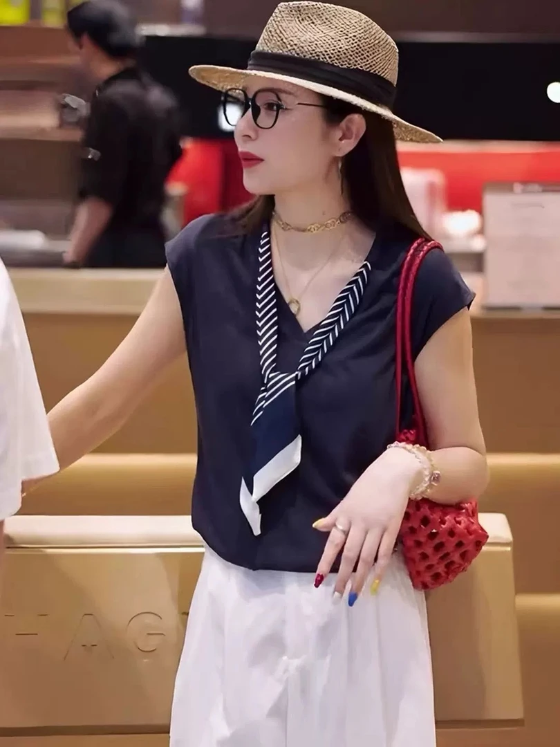 2025夏季新款韩版简约百搭领带V领无袖T恤女百搭洋气气质丝带上衣