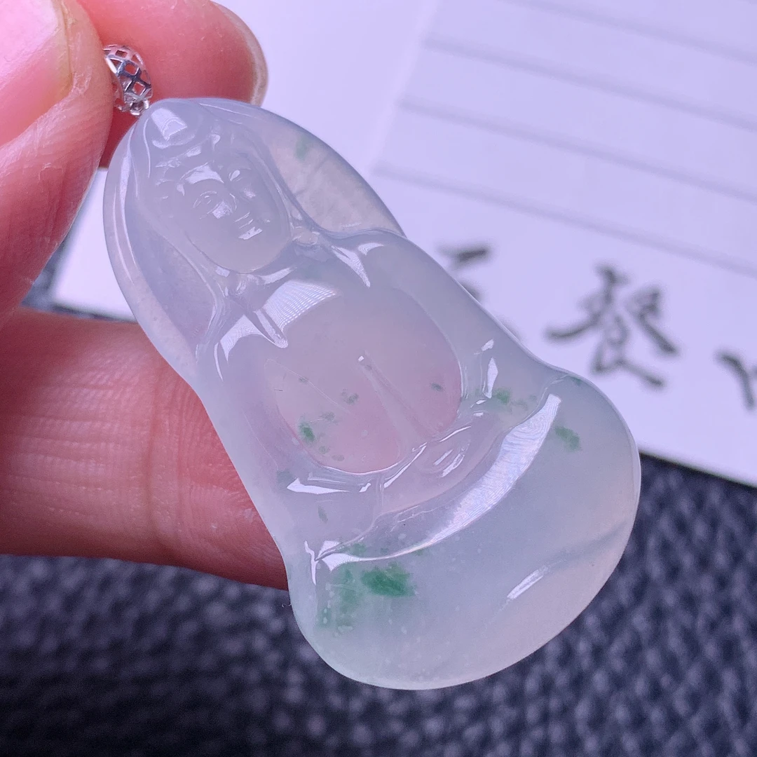 天然缅甸a货翡翠飘绿素衣观音玉吊坠18k金扣40/24/5