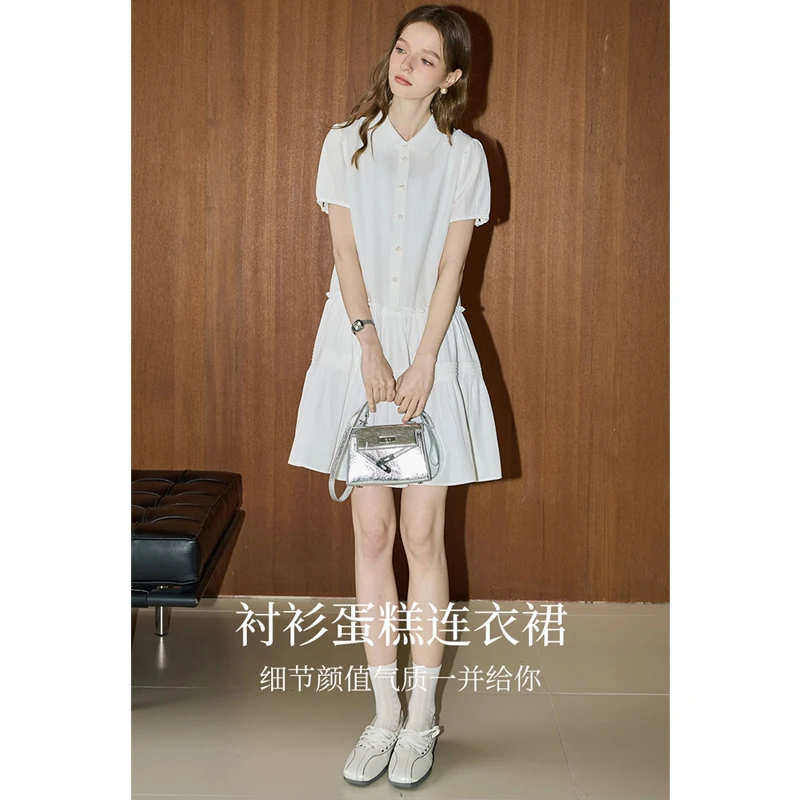 库恩玛维法式荷叶边短袖连衣裙女2025年夏季新款淑女小清新衬衫裙