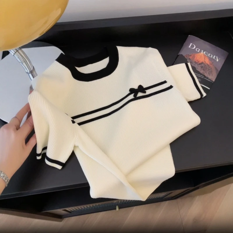 2025夏季撞色蝴蝶结短袖针织衫上衣女装修身正肩T恤显瘦内搭打底