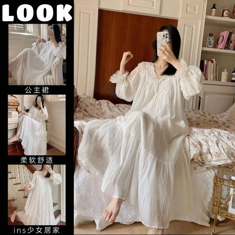 法式宫廷睡裙女春秋季长袖很仙的睡衣蕾丝花边公主风长裙子家居服
