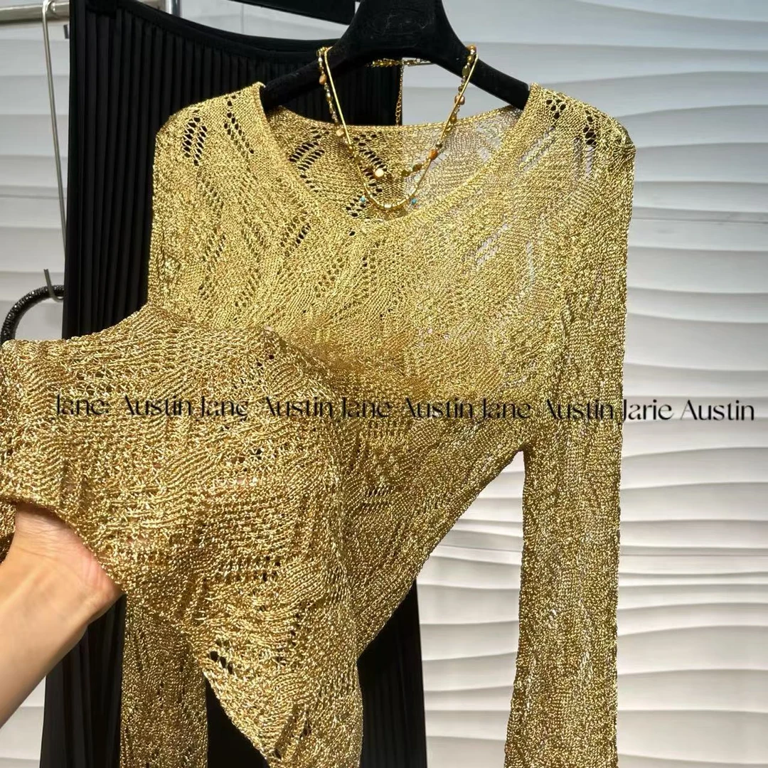 Jane Austin•（金璃网织）2025轻奢镂空水晶纱线时尚显瘦长袖气质