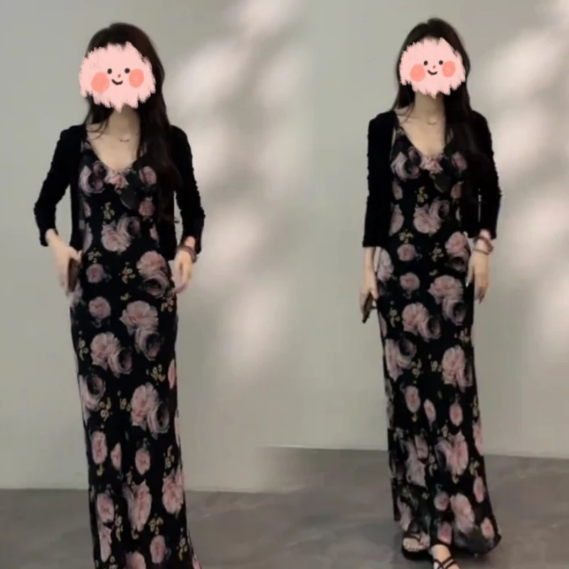 夏季修身显瘦印花连衣裙时尚长款夏季碎花裙子+薄款防晒开衫女装