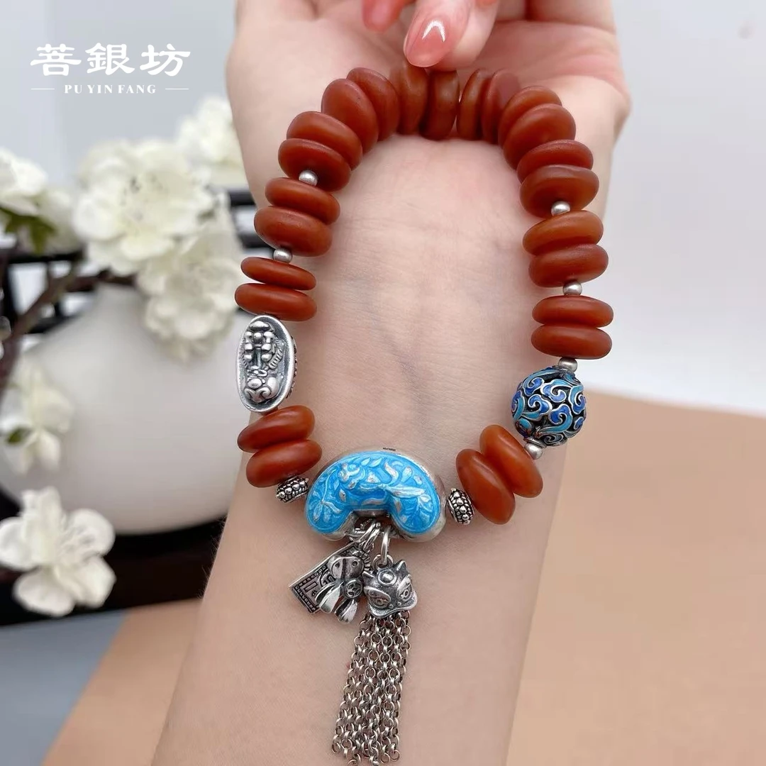 【菩银坊】925银老蜜蜡盘缠如意锁手链 马上有钱醒狮流苏