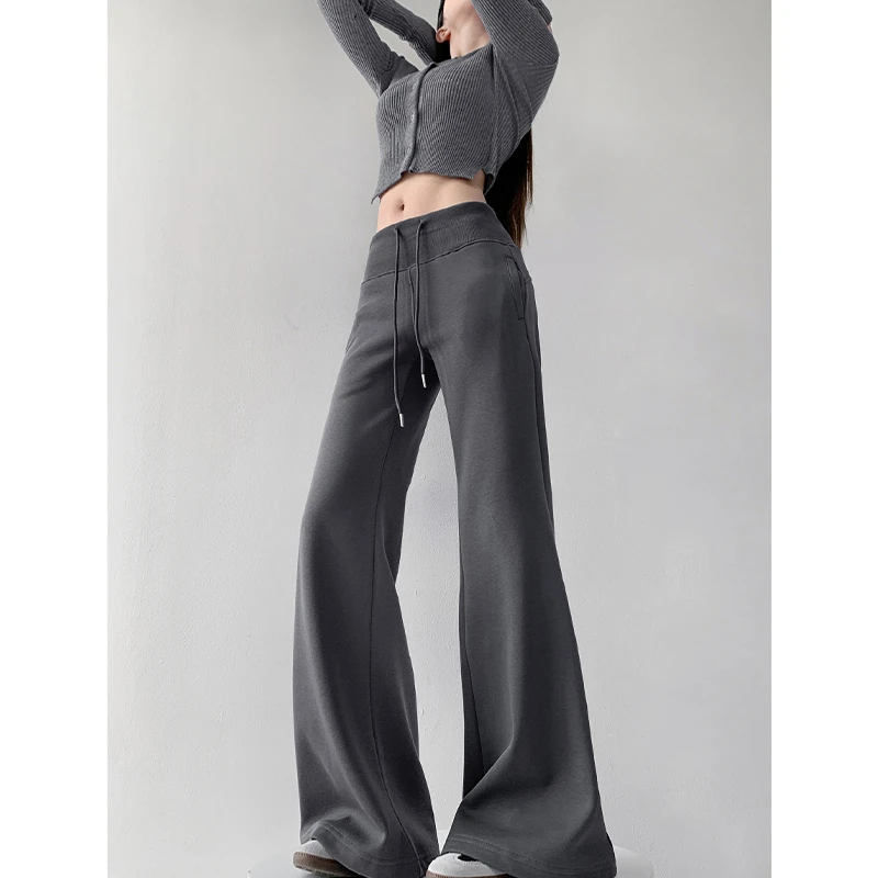 长腿酷妹/修身宽腰抽绳微喇叭运动裤女秋冬季高级感低腰拖地卫裤