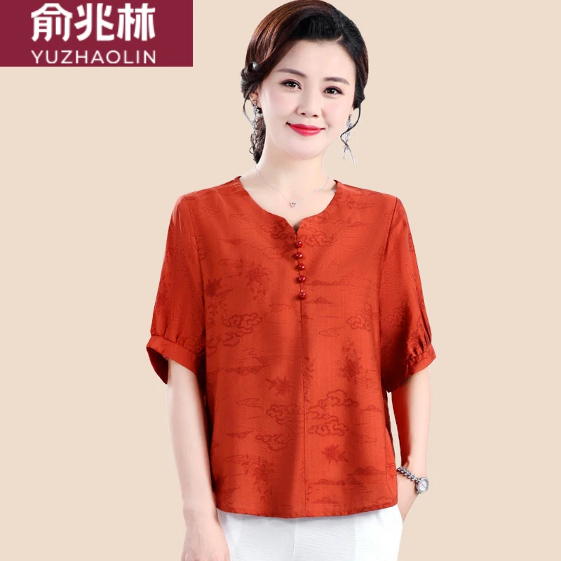俞兆林60岁岁妈妈夏季新款缎面小衫中年妇女含色短袖中老年宽松遮