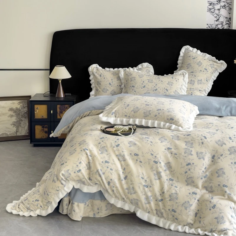 秋冬新款法式花边牛奶绒碎花四件套加厚保暖防静电