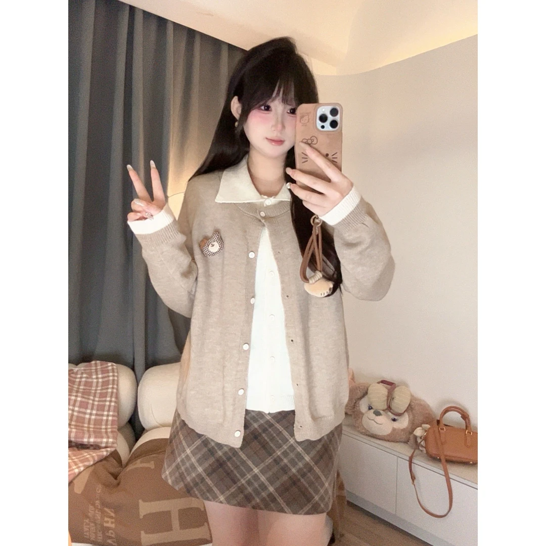 大码女装甜美软糯小胸针织假两件韩系氛围感2025早秋新款胖mm开衫