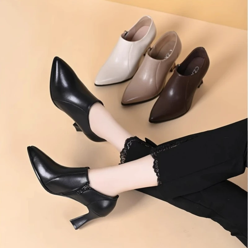 2025新款春秋季尖头高跟深口单鞋女真皮中跟英伦风小皮鞋春款女鞋