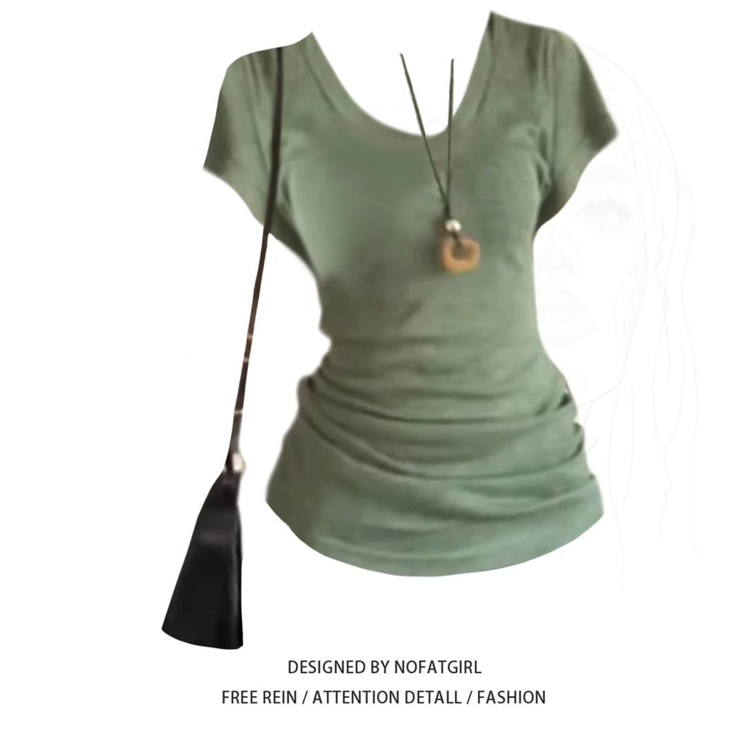 大码胖妹妹法式复古慵懒v领短袖t恤女夏季休闲显瘦松弛感别致上衣