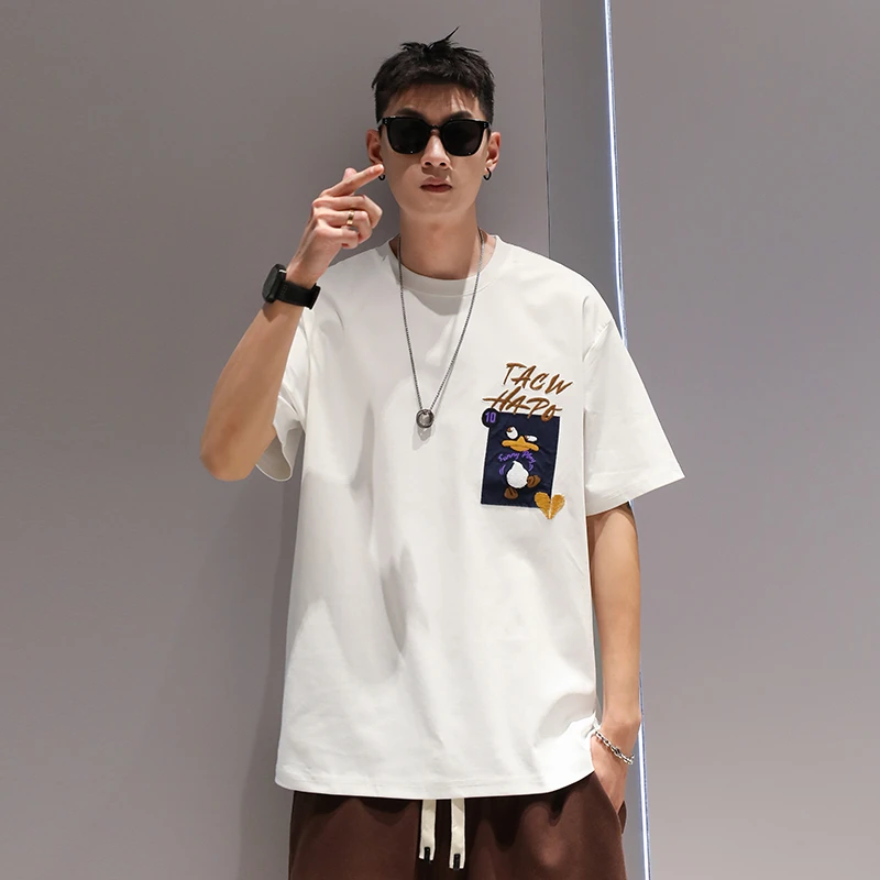 有术美式重磅刺绣短袖T恤男夏季休闲宽松潮牌圆领高街体恤印绣