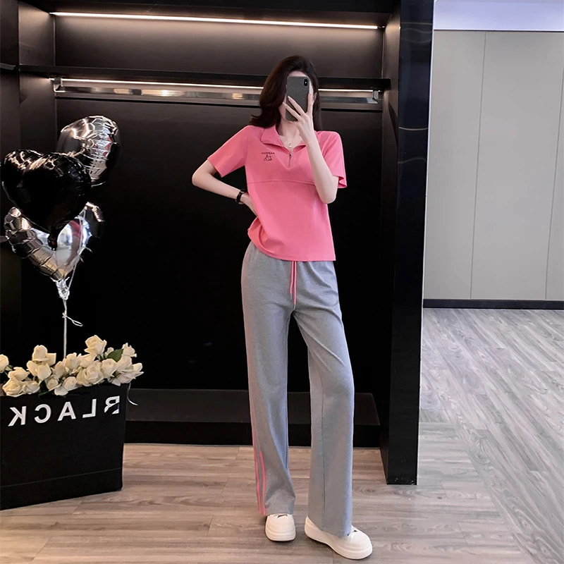 欧货夏季短袖运动套装女2025新款时尚洋气减龄休闲阔腿裤两件套潮