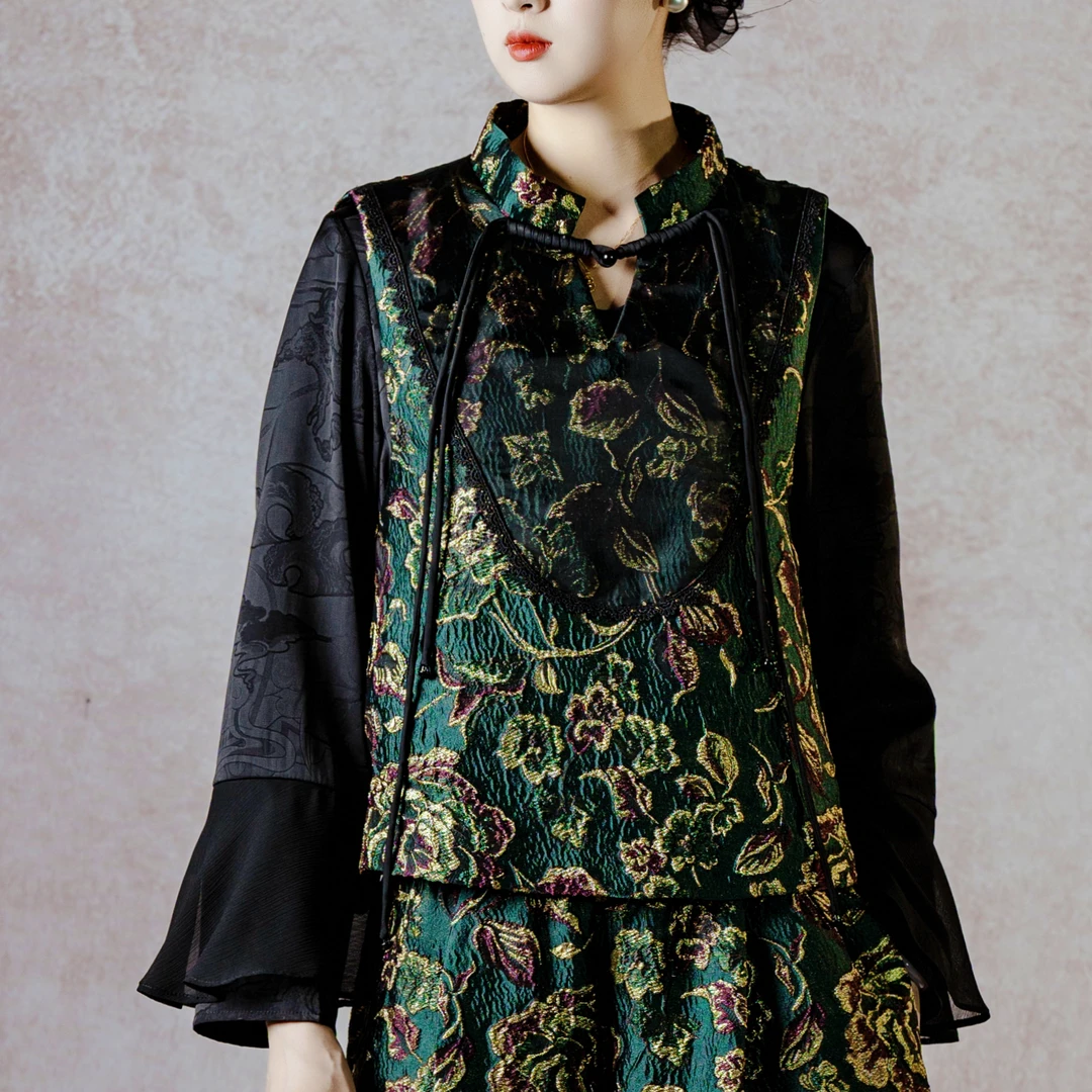 【繁花琥珀】S2278原创设计墨绿色拼接金色花朵新中式马甲
