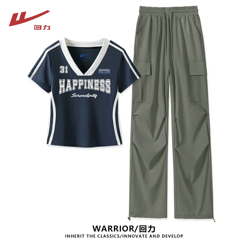 Warrior/回力夏季新款小个子修身短上衣休闲运动工装裤洋气套装