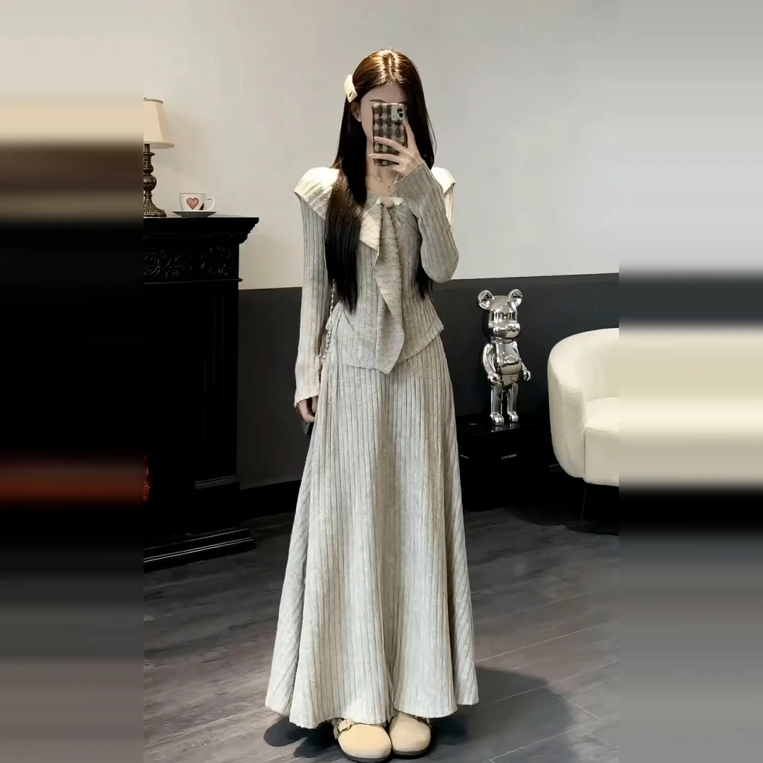 2025新款巨好看的灰色针织秋冬季韩系穿搭长裙B367