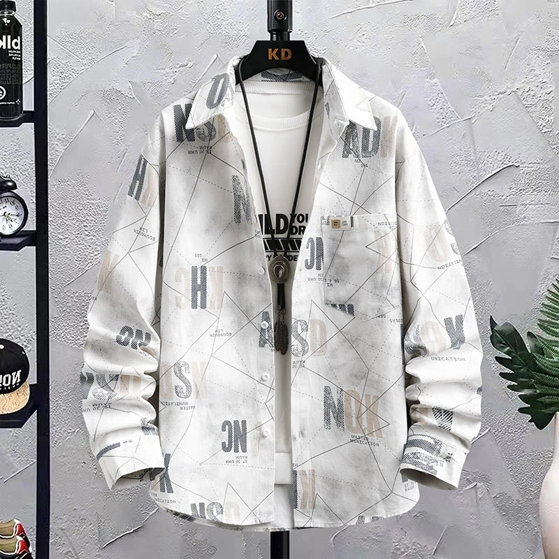 男士春秋宽松长袖字母口袋休闲衬衫90棉极简风格