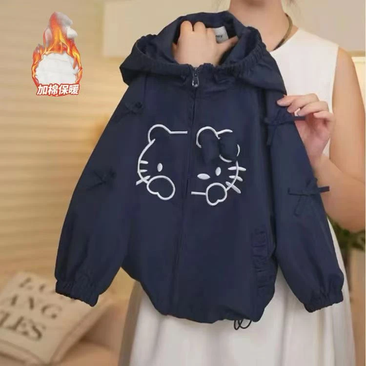 【现货】女童藏青色冲锋衣外套中大童秋冬季甜美蝴蝶结连帽卡通夹棉