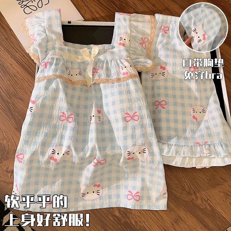 带胸垫睡衣夏季天女网红风KT猫蓝格子小飞袖夏天少女家居服套装