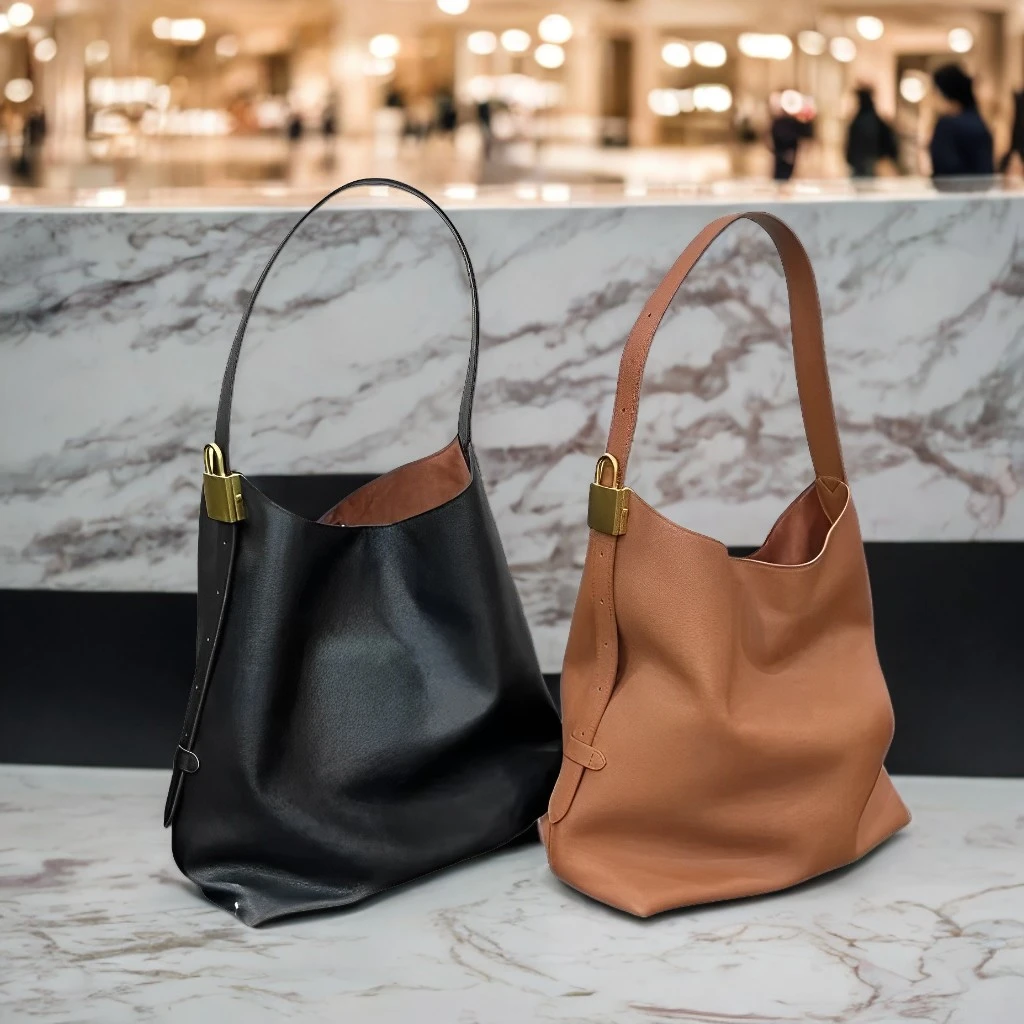 真皮托特包女休闲单肩包大容量水桶包慵懒风腋下包软皮通勤大包