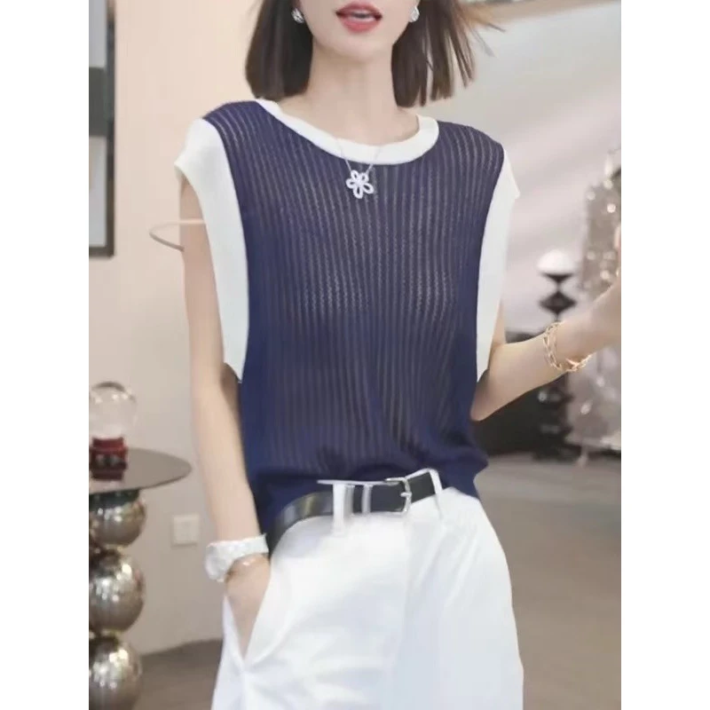 撞色条纹冰丝薄款无袖针织背心女2025新款洋气显瘦圆领坎肩上衣夏