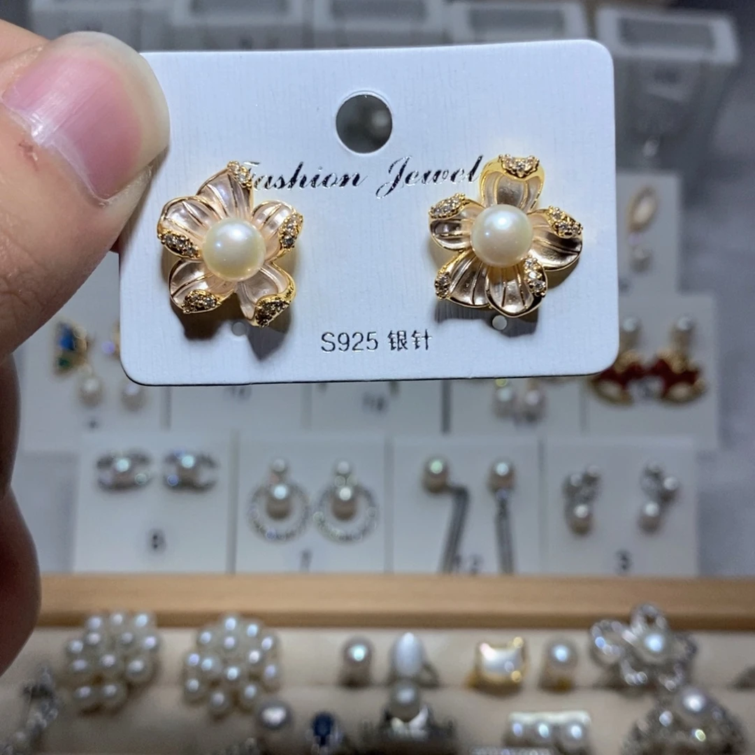 耳饰银S925镶嵌淡水珍珠