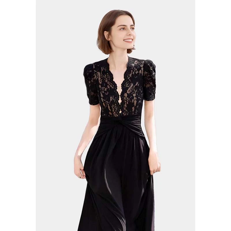 2025夏季新款气质名媛优雅黑色蕾丝拼接收腰V领短袖连衣裙D2148
