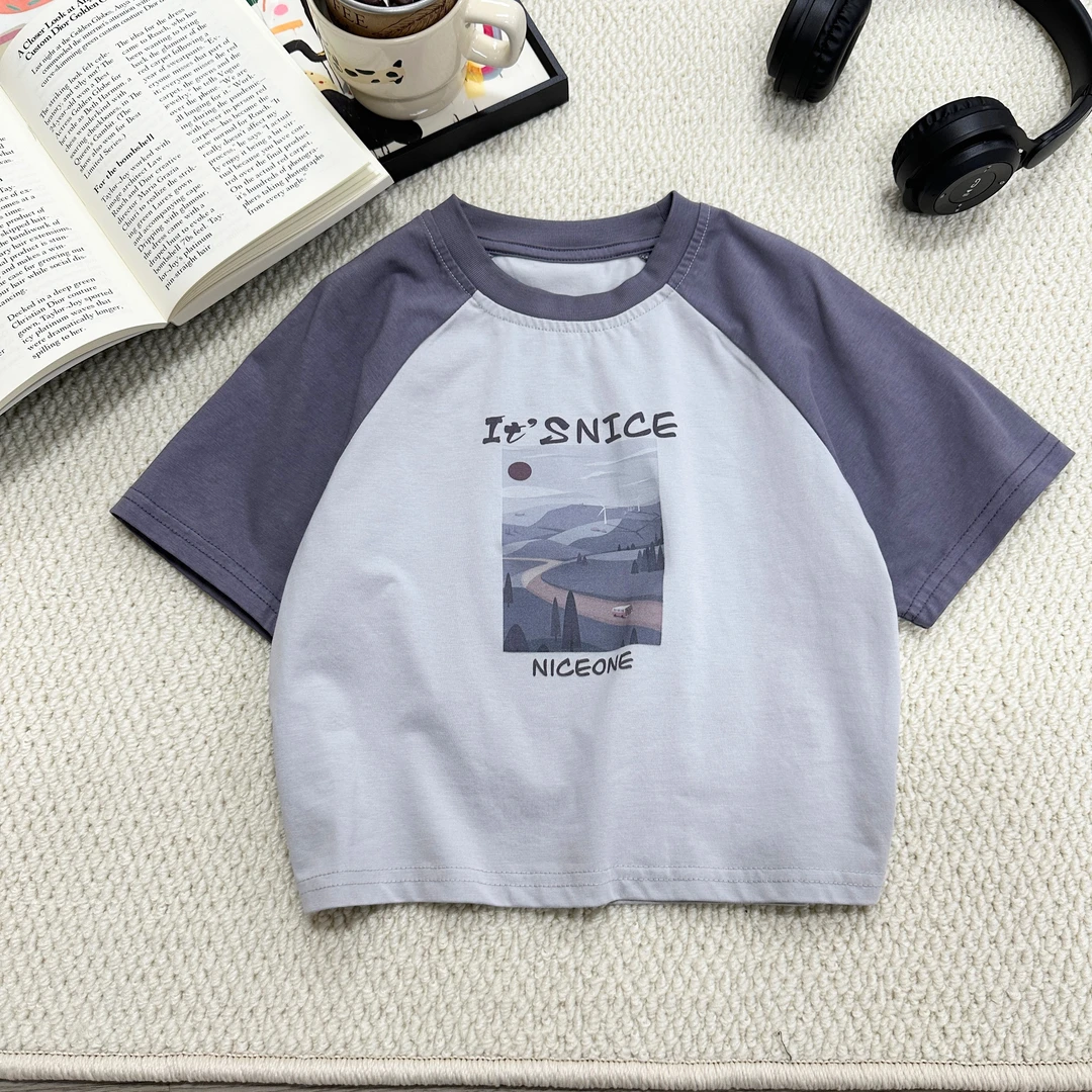 【仟与】儿童T恤夏季新款男童短袖韩版字母远山风景拼色上衣AX822