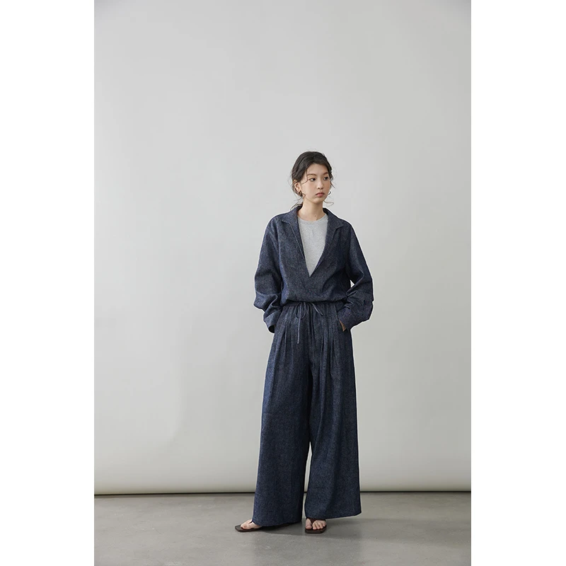 2025秋冬新款牛仔套装时尚慵懒高级假两件外套宽松高腰阔腿长裤女