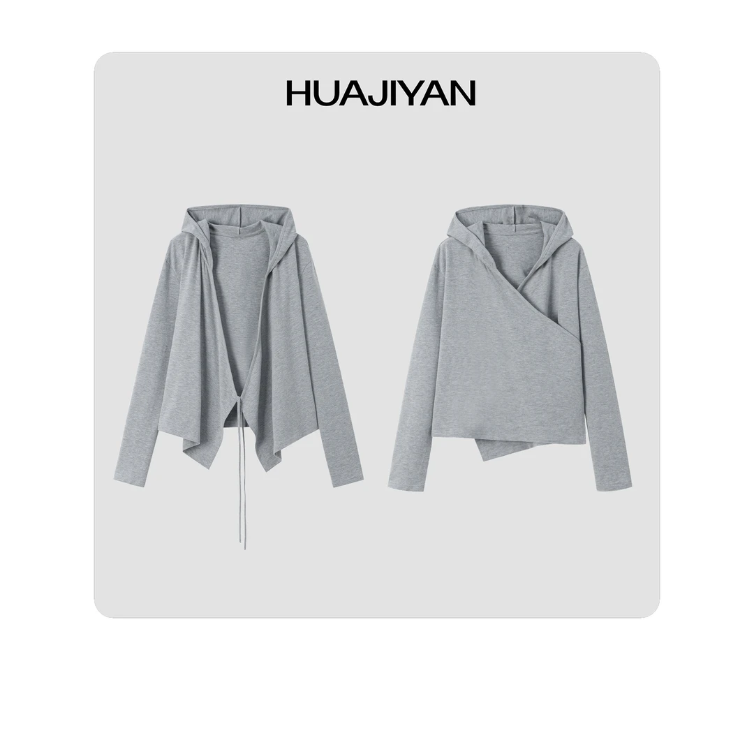 华吉言/HUAJIYAN【灰域】棉氨混纺不规则抽绳设计两穿连帽外套