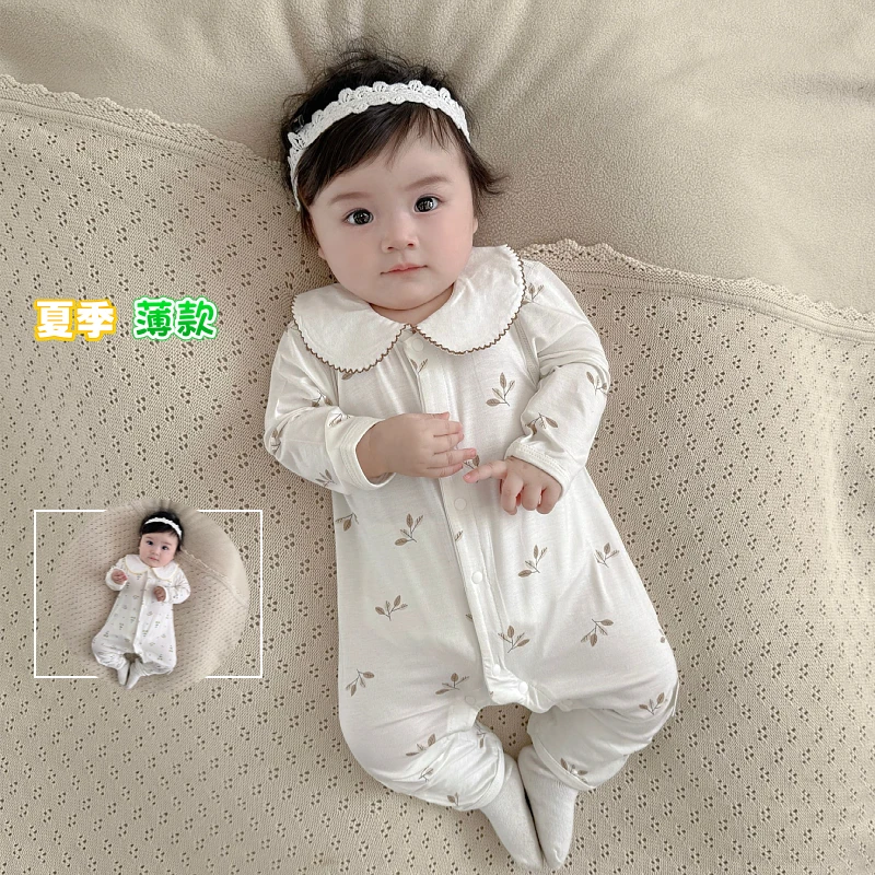女宝宝卡哇伊夏季薄款长袖爬服空调服小月龄婴儿衣服莫代尔连体衣